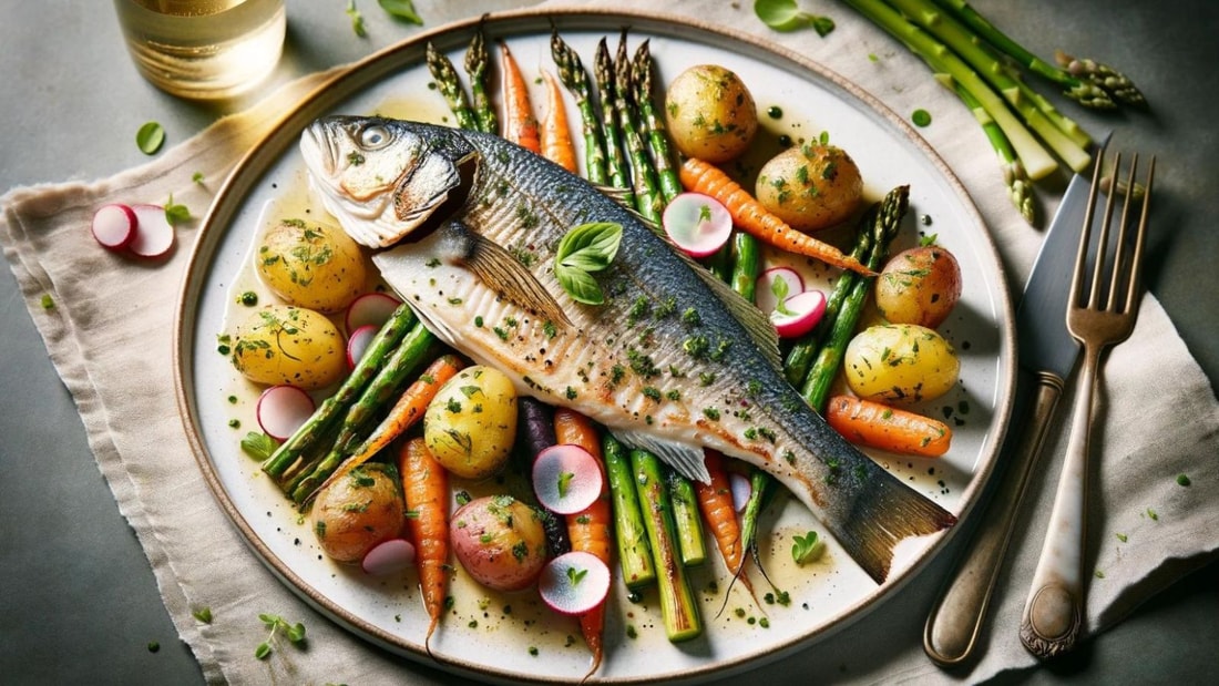 Filet de bar en croûte de sel aux herbes, accompagné de légumes nouveaux rôtis