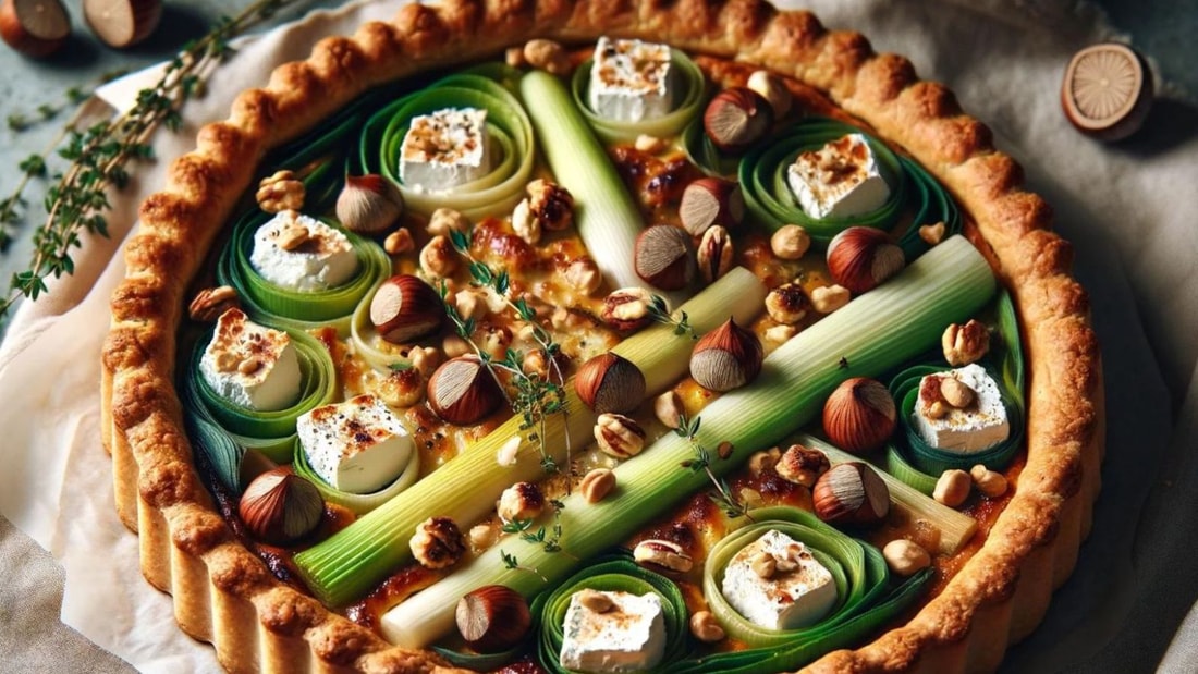 Tarte rustique aux poireaux, chèvre et noisettes - Recette