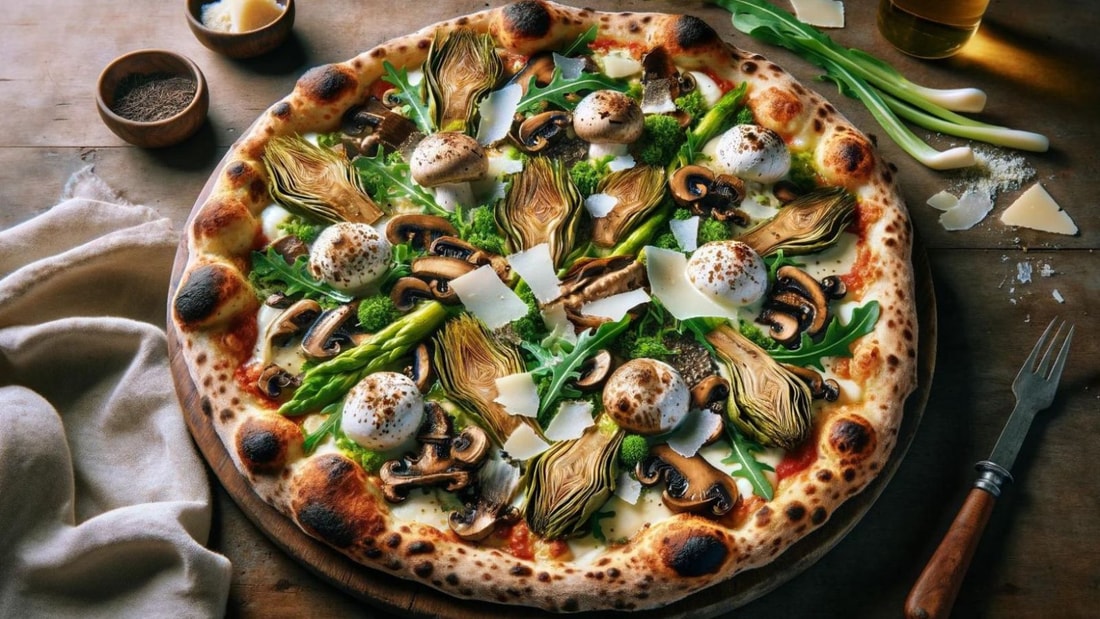 Pizza rustique de printemps à la truffe, artichauts et roquette