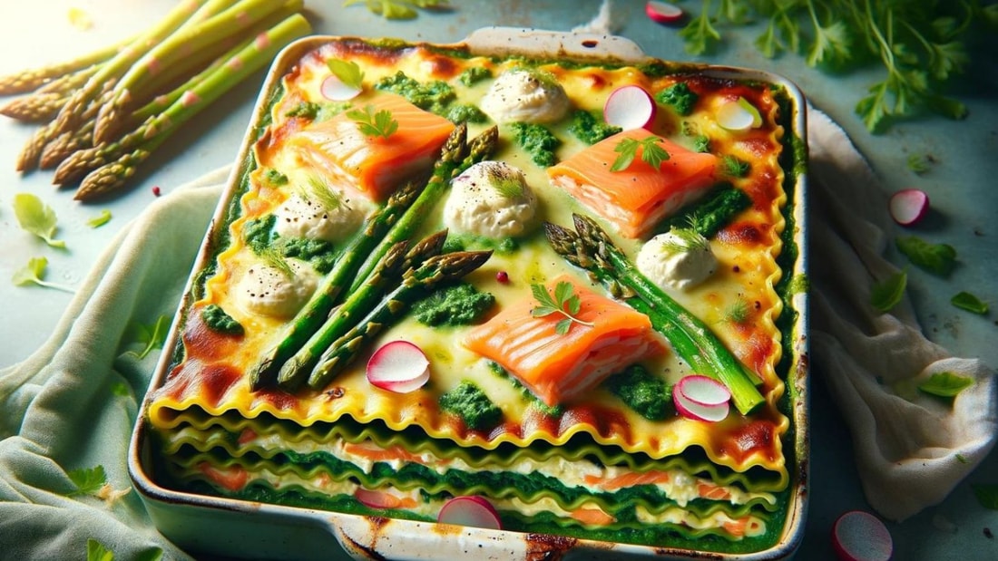 Lasagne printanière au saumon fumé, asperges et pesto de fanes de radis