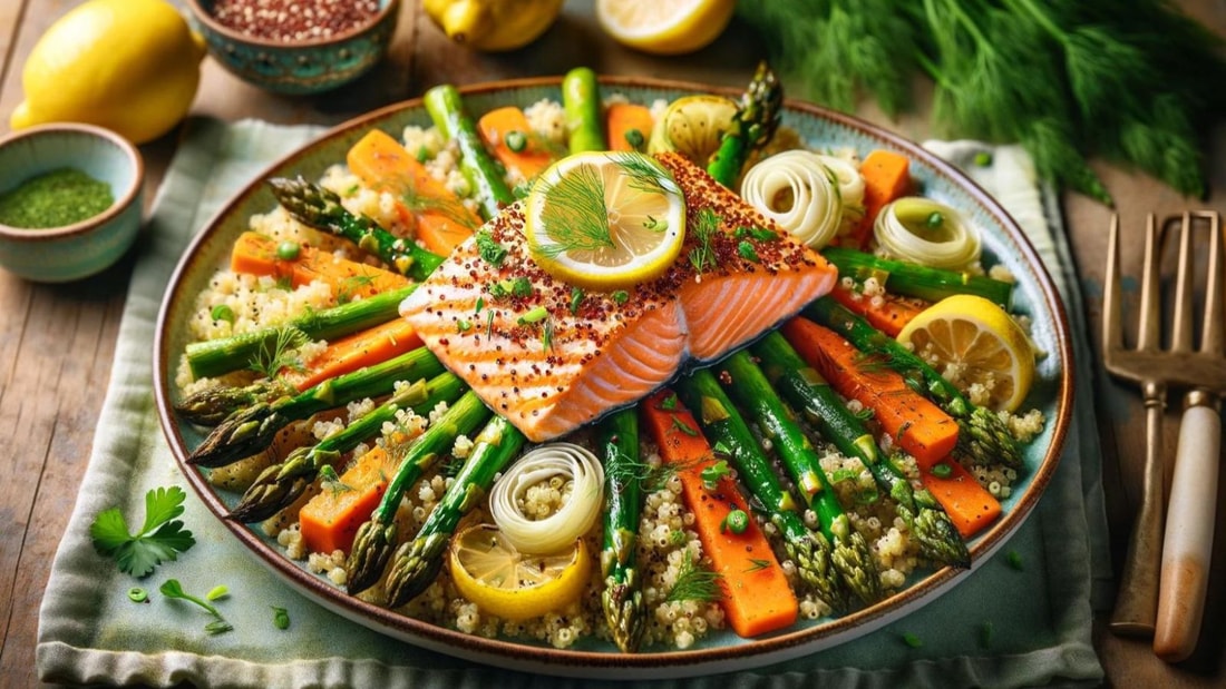 Poêlée de légumes de printemps au quinoa et saumon citronné