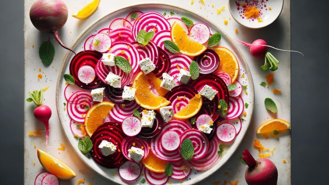 Carpaccio de betteraves et radis, vinaigrette à l'orange et pavot