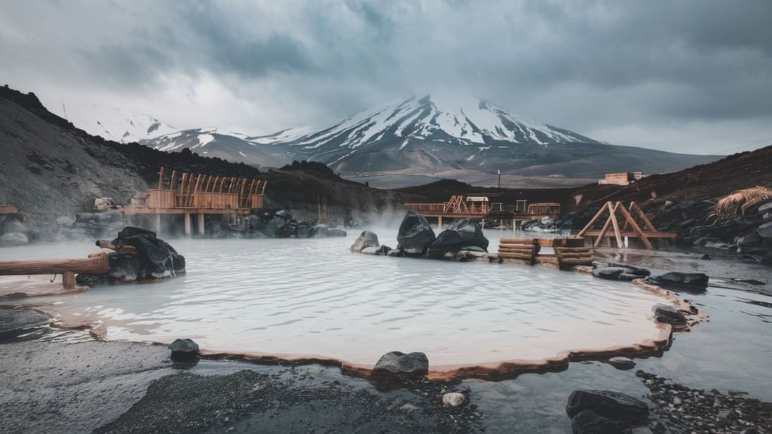 Ces sources thermales à 44°C permettent de se baigner en plein air au milieu des volcans enneigés