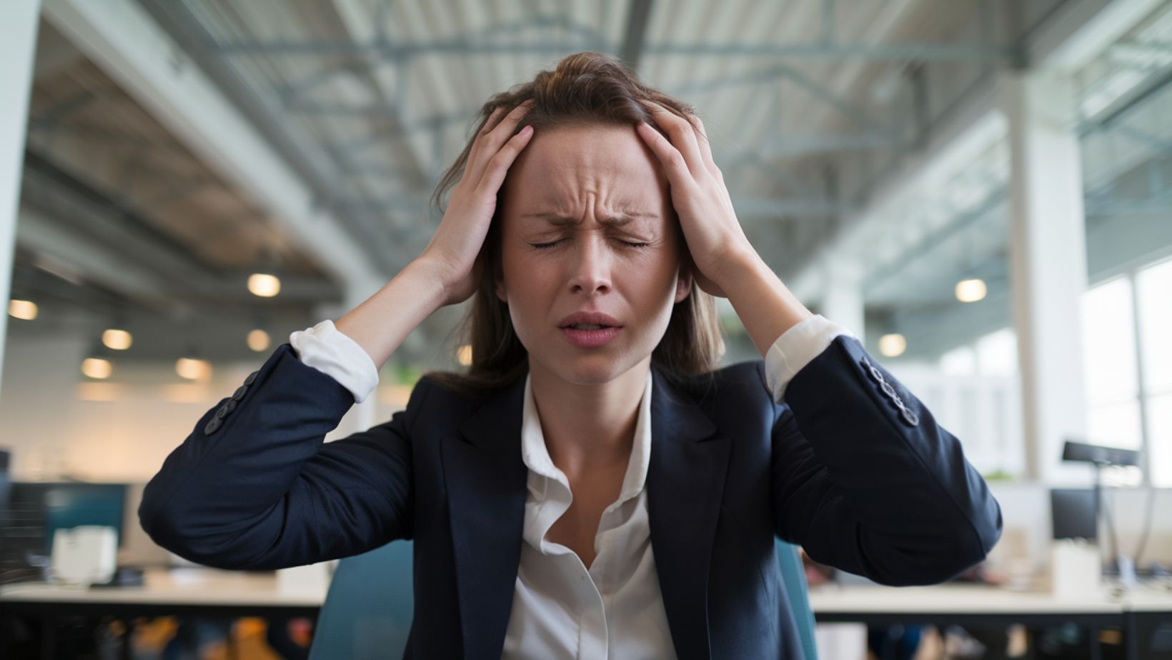 a woman having a migraine at work